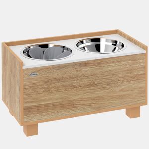 PawHut Comedouro para Cães Elevado com Sistema de Alimentação Lento Amovível e Espaço de Arrumação Comedouro com 2 Tigelas de 2L de Aço Inoxidável para Cães Grandes 60x30x35,5 cm Madeira