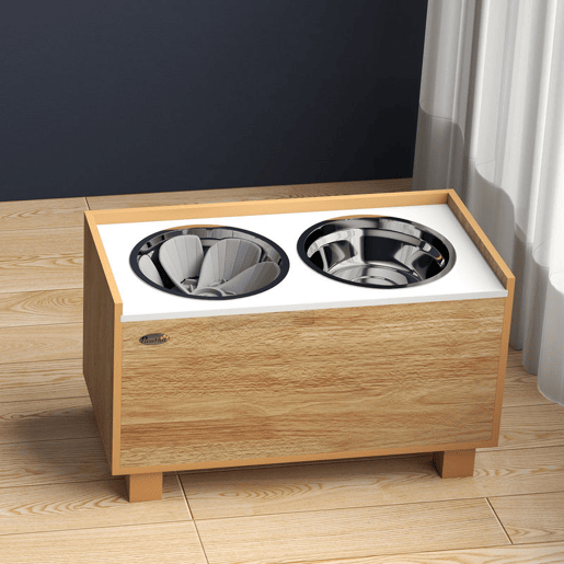 PawHut Comedouro para Cães Elevado com Sistema de Alimentação Lento Amovível e Espaço de Arrumação Comedouro com 2 Tigelas de 2L de Aço Inoxidável para Cães Grandes 60x30x35,5 cm Madeira