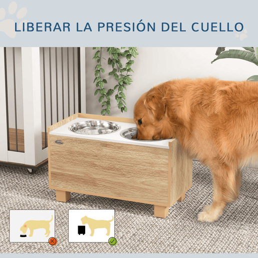 PawHut Comedouro para Cães Elevado com Sistema de Alimentação Lento Amovível e Espaço de Arrumação Comedouro com 2 Tigelas de 2L de Aço Inoxidável para Cães Grandes 60x30x35,5 cm Madeira
