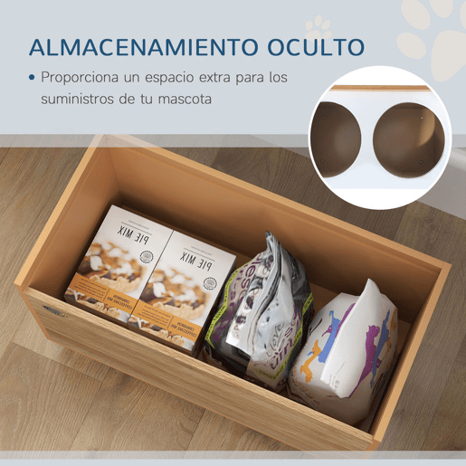 PawHut Comedouro para Cães Elevado com Sistema de Alimentação Lento Amovível e Espaço de Arrumação Comedouro com 2 Tigelas de 2L de Aço Inoxidável para Cães Grandes 60x30x35,5 cm Madeira
