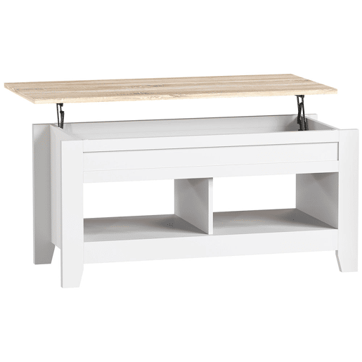HOMCOM Mesa de Centro com Bancada Elevável Mesa de Centro com 2 Compartimentos Abertos Bancada de Madeira Mesa Retangular para Sala de Estar 105x50x49 cm Branco e Madeira