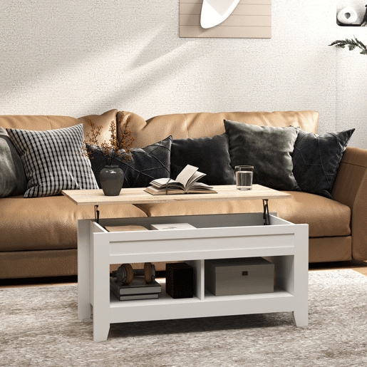 HOMCOM Mesa de Centro com Bancada Elevável Mesa de Centro com 2 Compartimentos Abertos Bancada de Madeira Mesa Retangular para Sala de Estar 105x50x49 cm Branco e Madeira