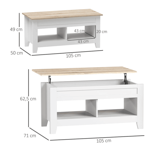 HOMCOM Mesa de Centro com Bancada Elevável Mesa de Centro com 2 Compartimentos Abertos Bancada de Madeira Mesa Retangular para Sala de Estar 105x50x49 cm Branco e Madeira