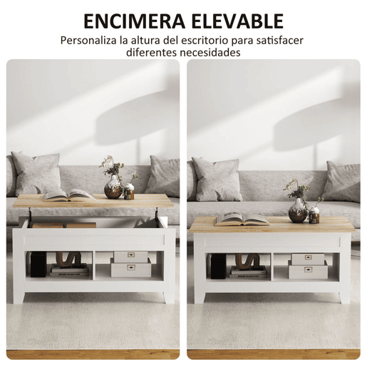 HOMCOM Mesa de Centro com Bancada Elevável Mesa de Centro com 2 Compartimentos Abertos Bancada de Madeira Mesa Retangular para Sala de Estar 105x50x49 cm Branco e Madeira