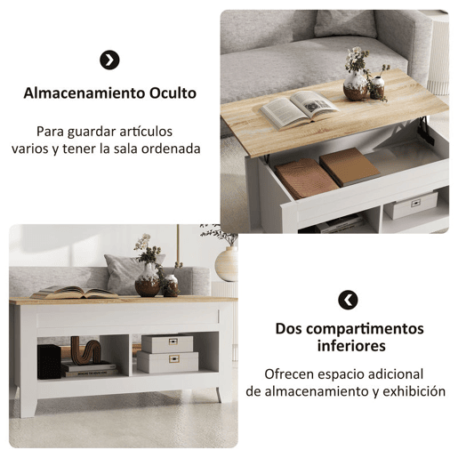 HOMCOM Mesa de Centro com Bancada Elevável Mesa de Centro com 2 Compartimentos Abertos Bancada de Madeira Mesa Retangular para Sala de Estar 105x50x49 cm Branco e Madeira
