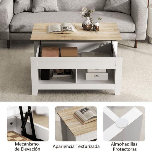 HOMCOM Mesa de Centro com Bancada Elevável Mesa de Centro com 2 Compartimentos Abertos Bancada de Madeira Mesa Retangular para Sala de Estar 105x50x49 cm Branco e Madeira