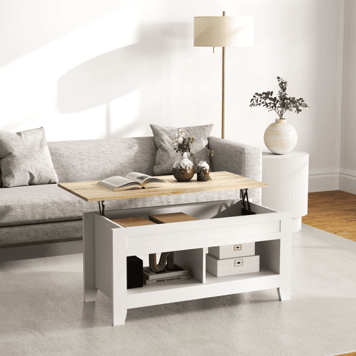 HOMCOM Mesa de Centro com Bancada Elevável Mesa de Centro com 2 Compartimentos Abertos Bancada de Madeira Mesa Retangular para Sala de Estar 105x50x49 cm Branco e Madeira