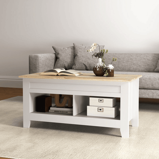 HOMCOM Mesa de Centro com Bancada Elevável Mesa de Centro com 2 Compartimentos Abertos Bancada de Madeira Mesa Retangular para Sala de Estar 105x50x49 cm Branco e Madeira