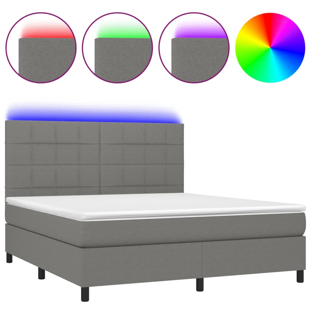 Cama box spring colchón y luces led tela gris oscuro 180x200 cm bloques con cuadros