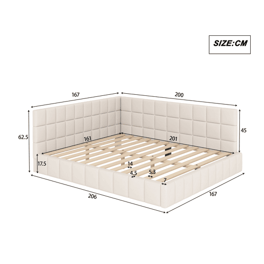 Cama de adulto 160x200cm em veludo com estrado de ripas e estrado de ripas - Bege