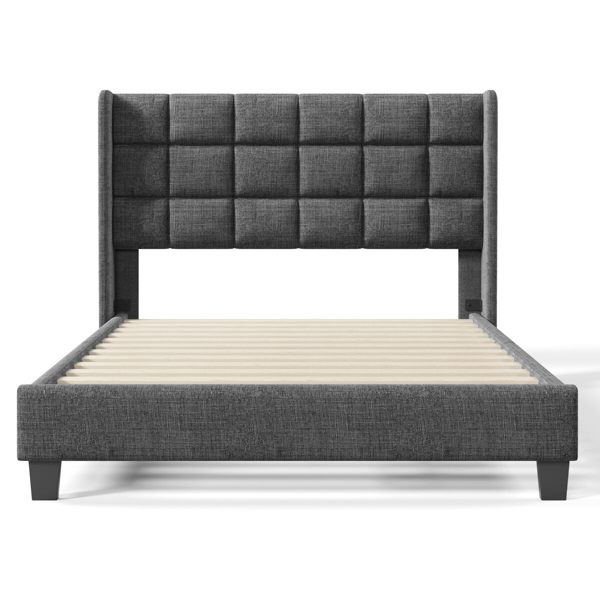 Cama tapizada en tela de lino - 140x200cm - con cabecero y somier - gris