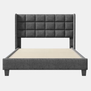 Cama estofada em tecido de linho - 140x200cm - com cabeceira e estrado de molas - Cinzento