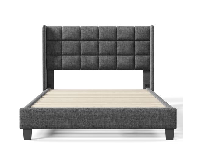 Cama tapizada en tela de lino - 140x200cm - con cabecero y somier - gris