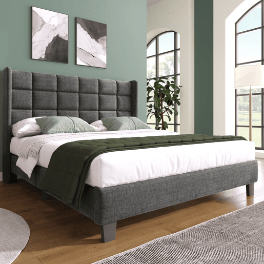 Cama estofada em tecido de linho - 140x200cm - com cabeceira e estrado de molas - Cinzento