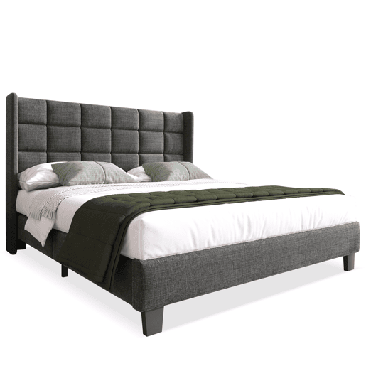 Cama estofada em tecido de linho - 140x200cm - com cabeceira e estrado de molas - Cinzento