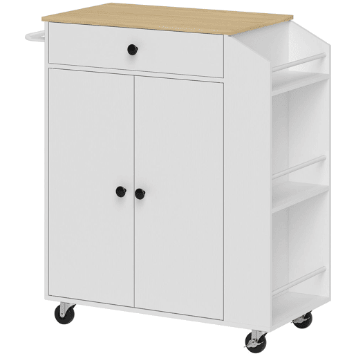 HOMCOM Ilha de Cozinha com Rodas Carrinho de Cozinha Móvel Auxiliar de Cozinha com 2 Portas Gaveta Suporte para Temperos de 3 Níveis e Prateleira Ajustável 82x38x86,5 cm Branco