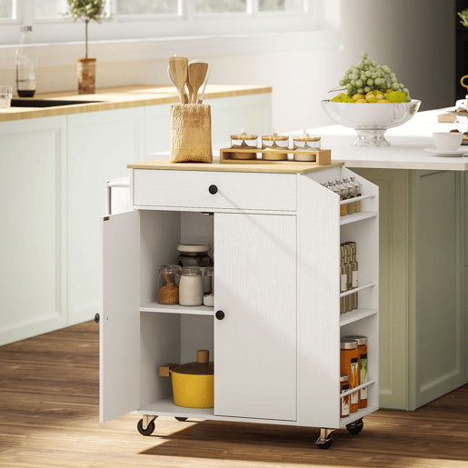 HOMCOM Ilha de Cozinha com Rodas Carrinho de Cozinha Móvel Auxiliar de Cozinha com 2 Portas Gaveta Suporte para Temperos de 3 Níveis e Prateleira Ajustável 82x38x86,5 cm Branco