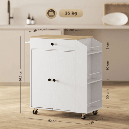 HOMCOM Ilha de Cozinha com Rodas Carrinho de Cozinha Móvel Auxiliar de Cozinha com 2 Portas Gaveta Suporte para Temperos de 3 Níveis e Prateleira Ajustável 82x38x86,5 cm Branco