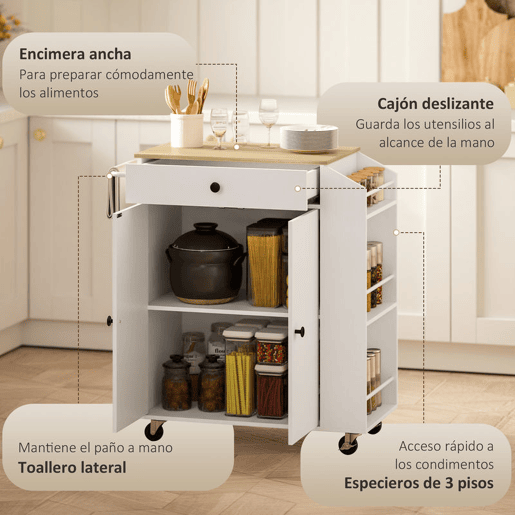HOMCOM Ilha de Cozinha com Rodas Carrinho de Cozinha Móvel Auxiliar de Cozinha com 2 Portas Gaveta Suporte para Temperos de 3 Níveis e Prateleira Ajustável 82x38x86,5 cm Branco