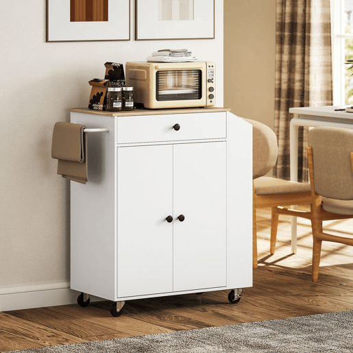 HOMCOM Ilha de Cozinha com Rodas Carrinho de Cozinha Móvel Auxiliar de Cozinha com 2 Portas Gaveta Suporte para Temperos de 3 Níveis e Prateleira Ajustável 82x38x86,5 cm Branco
