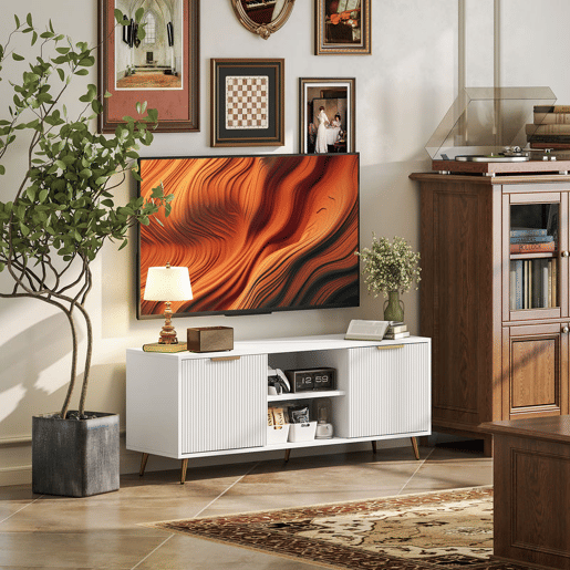 HOMCOM Móvel de TV Moderno Móvel de TV para Sala de Estar com 2 Compartimentos Abertos e 2 Portas Móvel para Televisores de 55 Polegadas 120x35x48 cm Branco