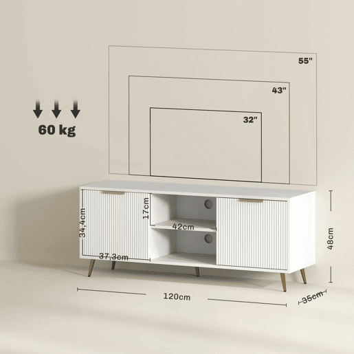 HOMCOM Móvel de TV Moderno Móvel de TV para Sala de Estar com 2 Compartimentos Abertos e 2 Portas Móvel para Televisores de 55 Polegadas 120x35x48 cm Branco