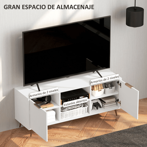 HOMCOM Móvel de TV Moderno Móvel de TV para Sala de Estar com 2 Compartimentos Abertos e 2 Portas Móvel para Televisores de 55 Polegadas 120x35x48 cm Branco