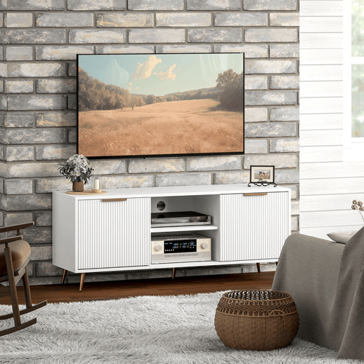 HOMCOM Móvel de TV Moderno Móvel de TV para Sala de Estar com 2 Compartimentos Abertos e 2 Portas Móvel para Televisores de 55 Polegadas 120x35x48 cm Branco
