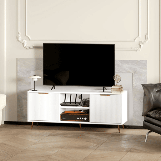 HOMCOM Móvel de TV Moderno Móvel de TV para Sala de Estar com 2 Compartimentos Abertos e 2 Portas Móvel para Televisores de 55 Polegadas 120x35x48 cm Branco