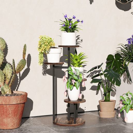 Outsunny Suporte para Plantas de 5 Níveis Suporte para Plantas de Madeira e Aço com 5 Prateleiras Redondas Suporte para Vasos de Flores para Interior e Exterior 43x43x70 cm Madeira