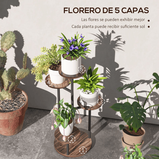 Outsunny Suporte para Plantas de 5 Níveis Suporte para Plantas de Madeira e Aço com 5 Prateleiras Redondas Suporte para Vasos de Flores para Interior e Exterior 43x43x70 cm Madeira