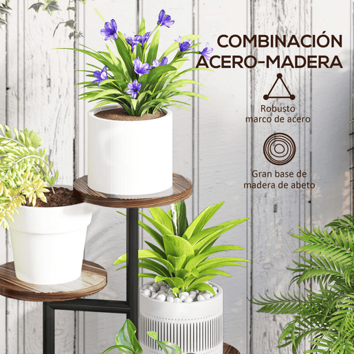 Outsunny Suporte para Plantas de 5 Níveis Suporte para Plantas de Madeira e Aço com 5 Prateleiras Redondas Suporte para Vasos de Flores para Interior e Exterior 43x43x70 cm Madeira