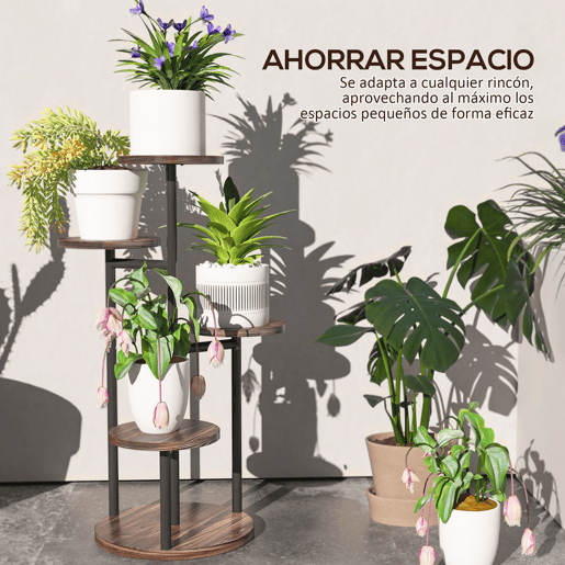 Outsunny Suporte para Plantas de 5 Níveis Suporte para Plantas de Madeira e Aço com 5 Prateleiras Redondas Suporte para Vasos de Flores para Interior e Exterior 43x43x70 cm Madeira