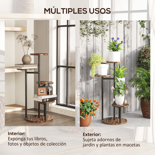 Outsunny Suporte para Plantas de 5 Níveis Suporte para Plantas de Madeira e Aço com 5 Prateleiras Redondas Suporte para Vasos de Flores para Interior e Exterior 43x43x70 cm Madeira
