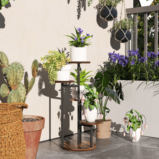 Outsunny Suporte para Plantas de 5 Níveis Suporte para Plantas de Madeira e Aço com 5 Prateleiras Redondas Suporte para Vasos de Flores para Interior e Exterior 43x43x70 cm Madeira