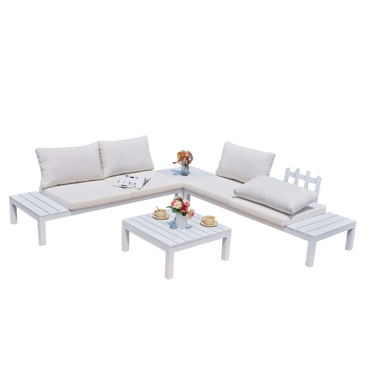 Conjunto de exterior jardín alcocebre estilo contemporáneo en color blanco con 2 sofás y 2 mesas de centro (con cojines)