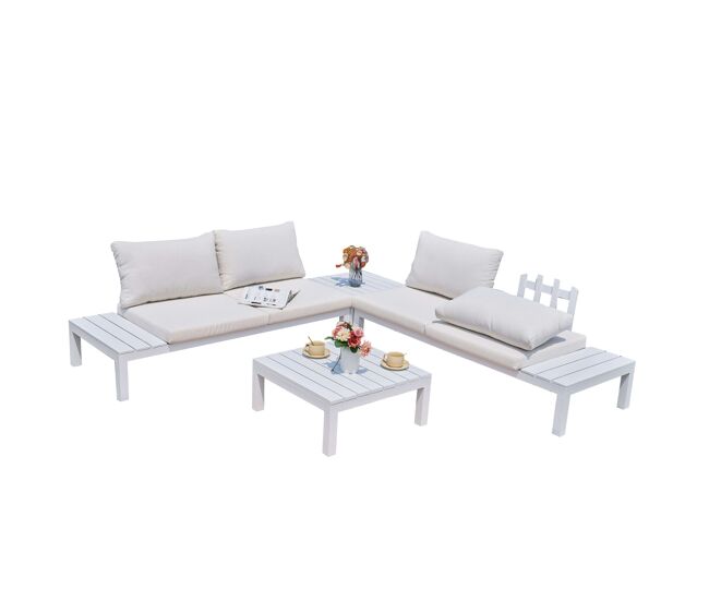 Conjunto de exterior jardín alcocebre estilo contemporáneo en color blanco con 2 sofás y 2 mesas de centro (con cojines)