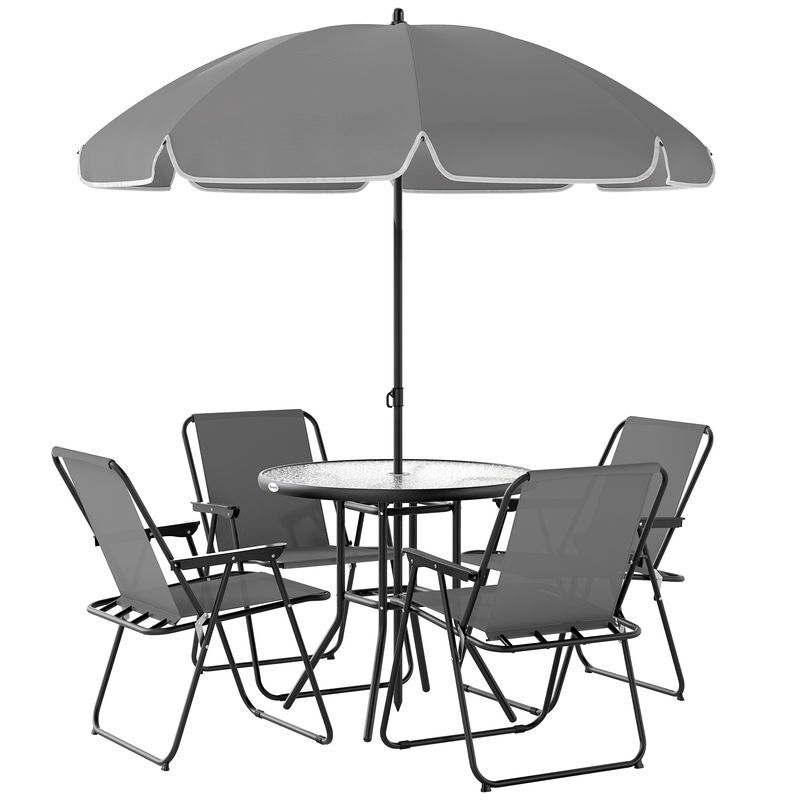 Outsunny conjunto de mesa y sillas jardín de 6 piezas muebles de jardín exterior con 4 sillas plegables mesa de vidrio y sombrilla para terraza patio gris