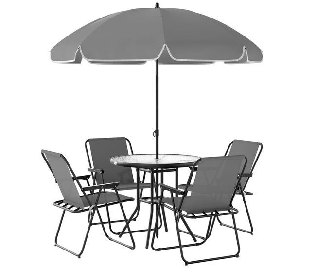 Outsunny conjunto de mesa y sillas jardín de 6 piezas muebles de jardín exterior con 4 sillas plegables mesa de vidrio y sombrilla para terraza patio gris
