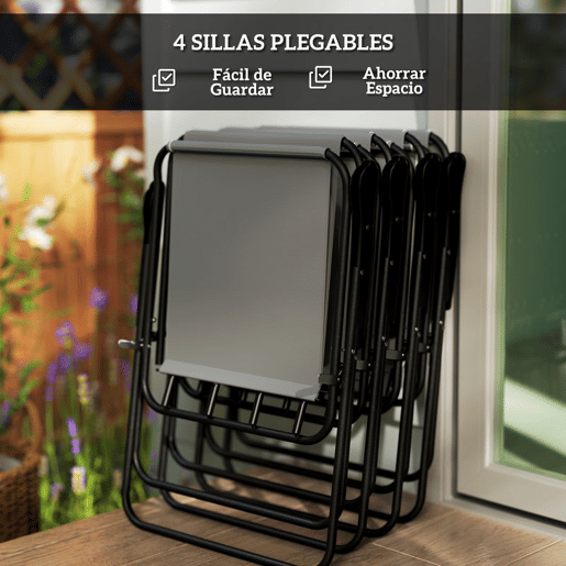 Outsunny Conjunto de Mesa e Cadeiras de Jardim de 6 Peças Móveis de Jardim Exterior com 4 Cadeiras Dobráveis Mesa de Vidro e Chapéu de Sol para Terraço Pátio Cinzento