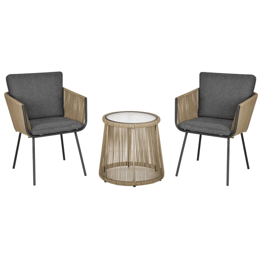 Outsunny Conjunto de Móveis de Vime Conjunto de Móveis para Jardim 3 Peças Mesa Redonda e 2 Poltronas com Almofadas Acolchoadas Pátio Terraço Cinza Claro e Marrom