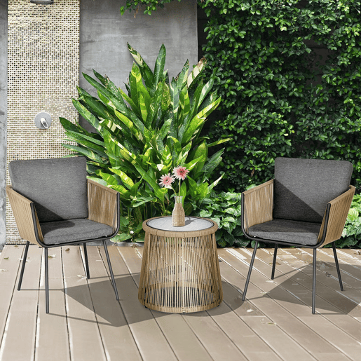Outsunny Conjunto de Móveis de Vime Conjunto de Móveis para Jardim 3 Peças Mesa Redonda e 2 Poltronas com Almofadas Acolchoadas Pátio Terraço Cinza Claro e Marrom