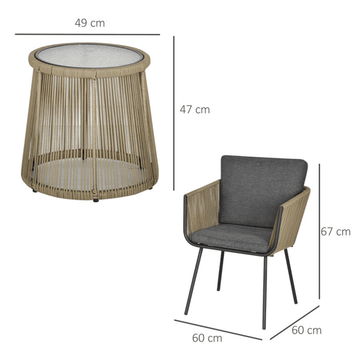 Outsunny Conjunto de Móveis de Vime Conjunto de Móveis para Jardim 3 Peças Mesa Redonda e 2 Poltronas com Almofadas Acolchoadas Pátio Terraço Cinza Claro e Marrom