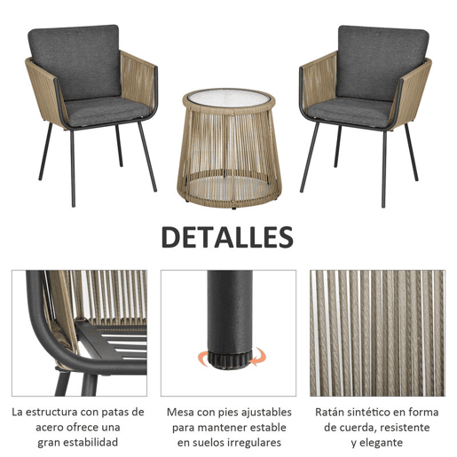 Outsunny Conjunto de Móveis de Vime Conjunto de Móveis para Jardim 3 Peças Mesa Redonda e 2 Poltronas com Almofadas Acolchoadas Pátio Terraço Cinza Claro e Marrom