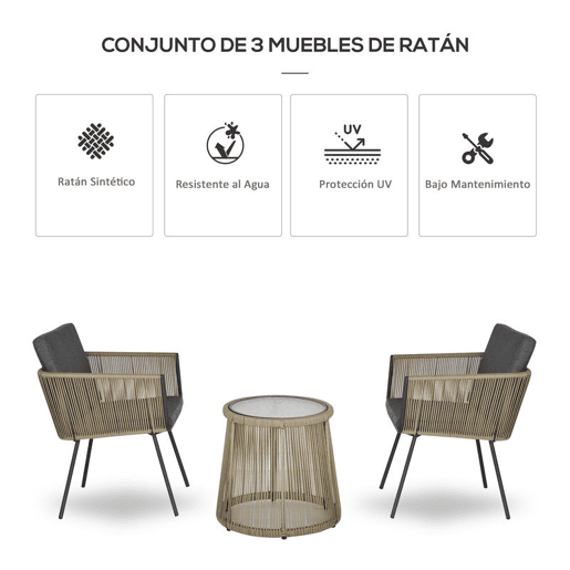 Outsunny Conjunto de Móveis de Vime Conjunto de Móveis para Jardim 3 Peças Mesa Redonda e 2 Poltronas com Almofadas Acolchoadas Pátio Terraço Cinza Claro e Marrom