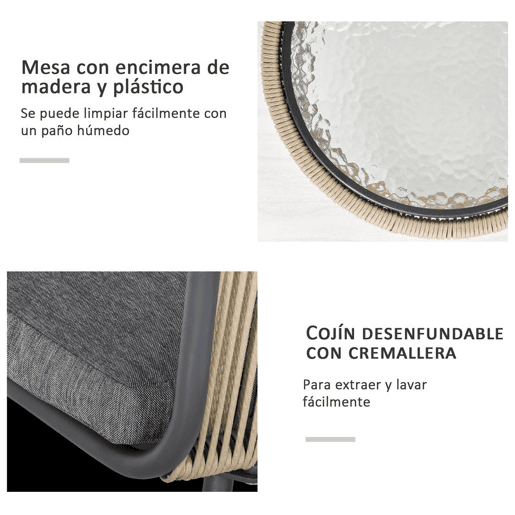 Outsunny Conjunto de Móveis de Vime Conjunto de Móveis para Jardim 3 Peças Mesa Redonda e 2 Poltronas com Almofadas Acolchoadas Pátio Terraço Cinza Claro e Marrom