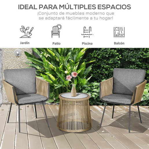 Outsunny Conjunto de Móveis de Vime Conjunto de Móveis para Jardim 3 Peças Mesa Redonda e 2 Poltronas com Almofadas Acolchoadas Pátio Terraço Cinza Claro e Marrom