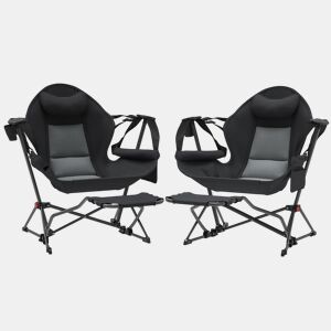 Outsunny Conjunto de 2 Cadeiras Baloiço de Exterior com Apoio para os Pés Cadeira de Campismo Dobrável com Suporte para Copos e Bolsa de Transporte Carga 120 kg para Praia Campismo Pesca Preto
