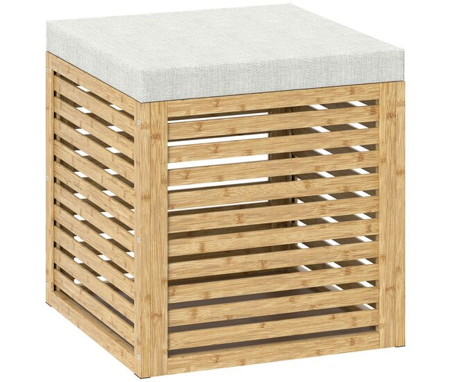 Homcom baúl de almacenaje para dormitorio 54,7l taburete de almacenaje tapizado en lino sintético con cojín marco de bambú para entrada salón 40x40x47 cm gris y natural