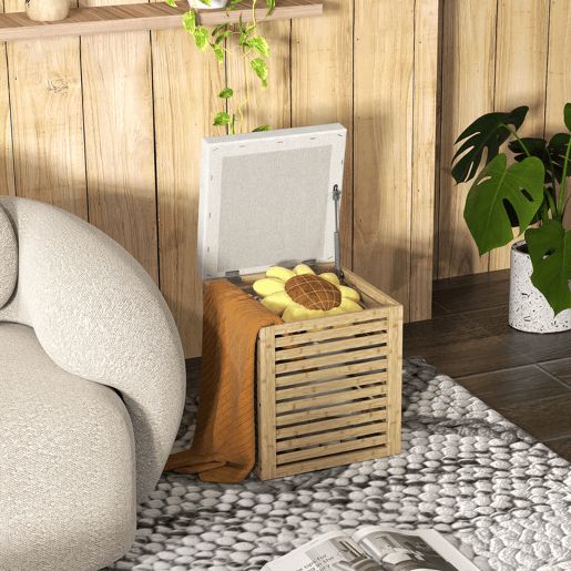 HOMCOM Banco com Armazenamento para Dormitório 57,7L Banco com Arrumação Estofado em Linho Sintético com Estrutura em Bambu para Entrada Sala de Estar 40x40x47 cm Cinza e Madeira
